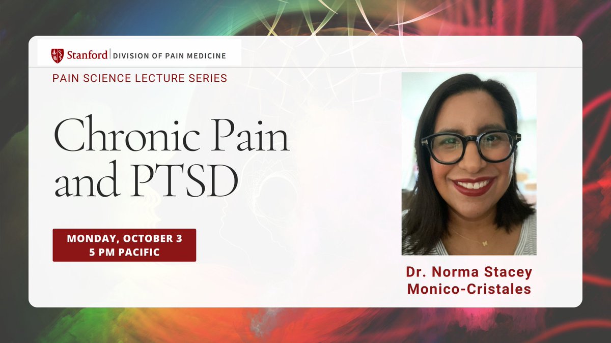 Kicking off our #PainScienceLectureSeries return, Dr. Norma Stacey Monico-Morales will discuss the relationship between PTSD and chronic pain, shared symptoms, and possible mechanisms.

Don't miss out! Monday, 10/3, 5pm PT. Register here: stan.md/3fB9nVm