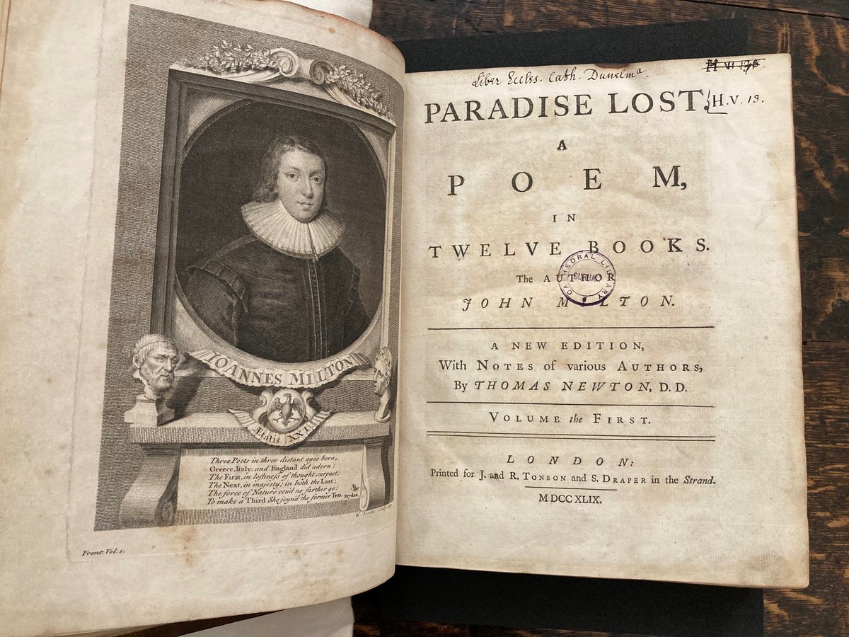 BedesBooks's tweet photo. 29th September - Michaelmas!

Here is Michael (of Michaelmas fame) in Book 6 of Milton's Paradise Lost, in our *very* nicely typeset 1749 copy. https://t.co/2E7IRweAZN