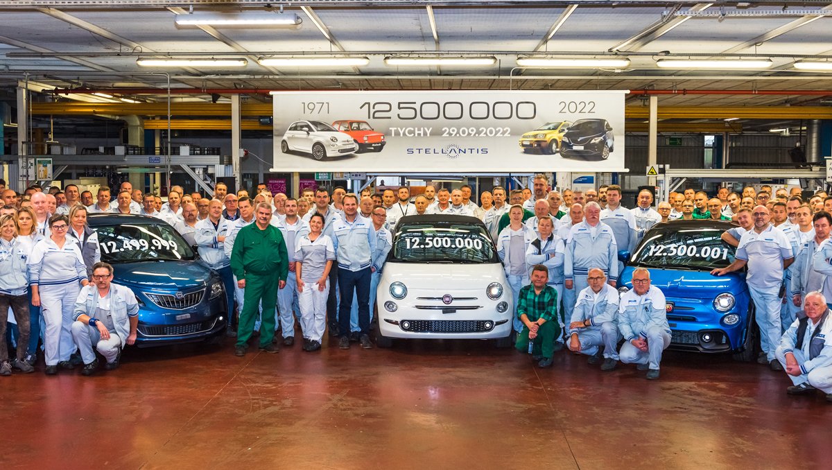 Stellantis's tweet photo. The vehicle number 12,500,000 left today the assembly lines of #Stellantis' plant in Tychy, Poland! The facility produces the #Fiat 500, #Abarth 595 and #Lancia Ypsilon, soon to be joined by the fully #electric @Jeep® Avenger. https://t.co/rFHcYSEe4U https://t.co/CSrSOTsOjF