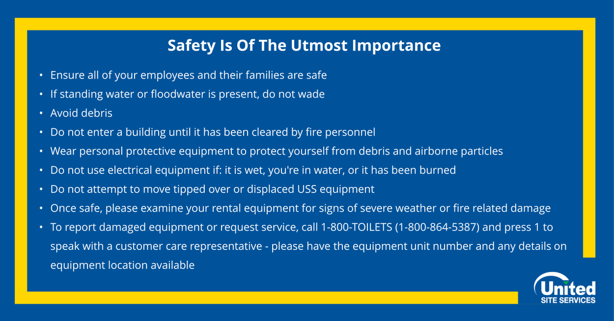 UnitedSiteServ's tweet photo. As emergency response efforts begin and Hurricane Ian continues u, safety is our biggest priority. If you encounter damaged or tipped over USS equipment, call 1-800-TOILETS and press 1 to speak with a Customer Care representative. #HurricaneIan #StaySafeStayClean https://t.co/oykN5eHnTp