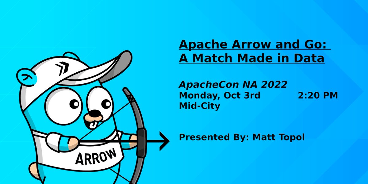 If you're going to #ACNA2022 and are interested in using <a href="/ApacheArrow/">ApacheArrow</a> and/or <a href="/ApacheParquet/">Apache Parquet</a> with #golang or just work with tabular data, then come see my talk!