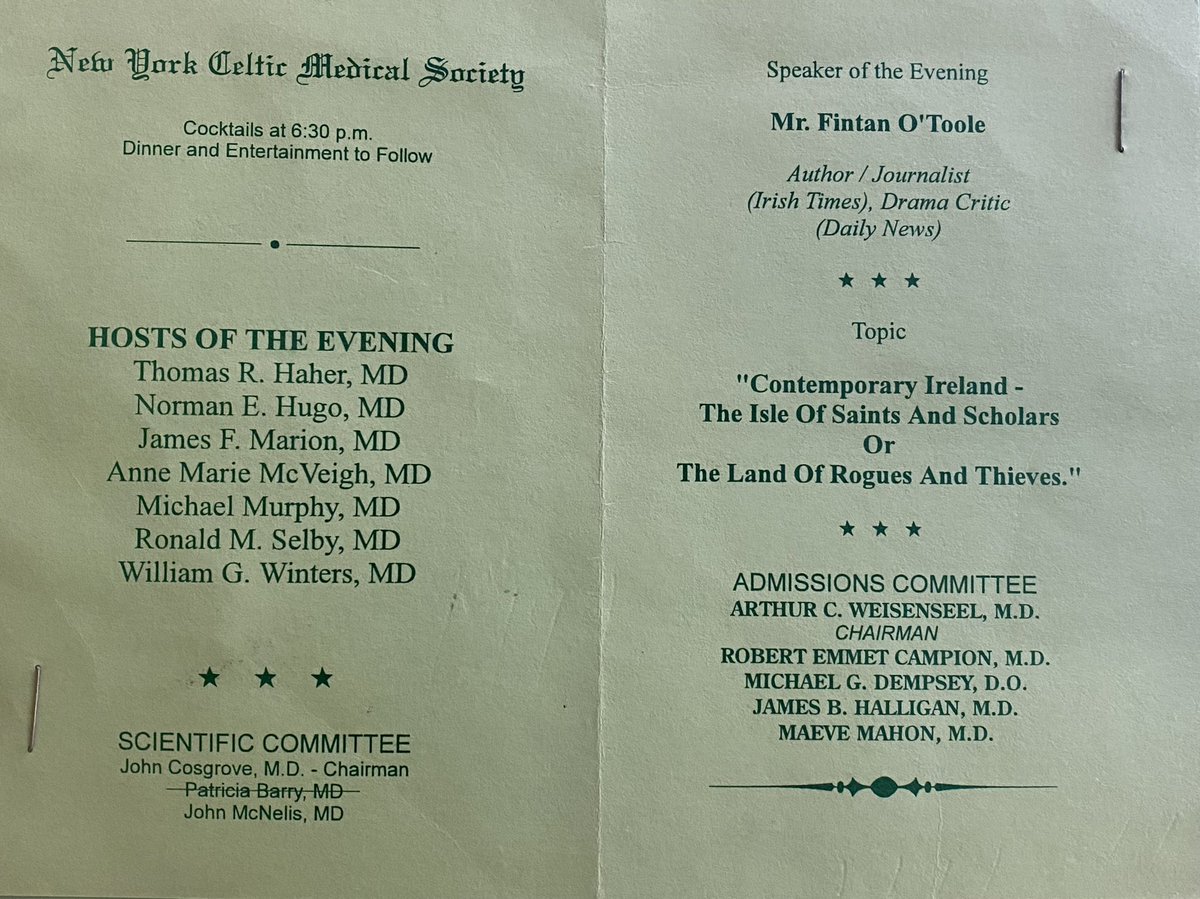 Just discovered that the January 15 1998 speaker for the #NYCMS was <a href="/fotoole/">Fintan O'Toole</a>. 

His latest book We Don’t Know Ourselves is strongly recommended:
theatlantic.com/magazine/archi…

And he will always be welcome back to speak again at our 131 year old society!