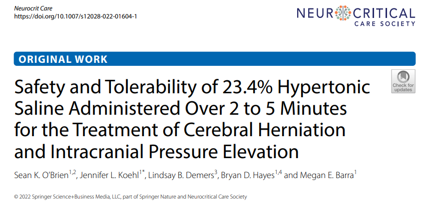 PharmERToxGuy's tweet photo. Slow IV push 23.4% sodium chloride was well-tolerated when administered centrally or peripherally for neurologic emergencies.

Congrats to resident Dr. Sean O'Brien on his research publication. @jlkoehl
@MeganRx1 @MassGeneralNews

https://t.co/ZMzGz86TLi https://t.co/SCHXpnffOO