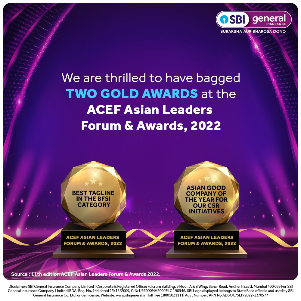 sbigeneral's tweet photo. We are proud to have bagged the gold for the best tagline and honoured to receive ACEF'S highest acknowledgement for our CSR activities.

#SBIGeneral #AwardPost #ACEFAsianLeadersForum #ProudMoment #SurakshaAurBharosaDono https://t.co/1xEAucYy5B