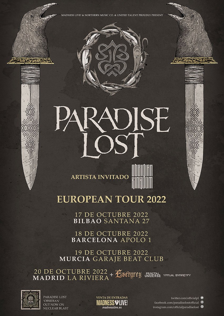 Obsidian Kingdom (@obsidiankingdom) on Twitter photo We're thrilled to announce that we'll be joining the legendary <a href="/OfficialPL/">Paradise Lost</a> on the Spanish leg of their Obsidian tour, and that we will be seeing some of you again very soon!
Tickets: obsidiankingdom.com/tour-dates/ We're thrilled to announce that we'll be joining the legendary <a href="/OfficialPL/">Paradise Lost</a> on the Spanish leg of their Obsidian tour, and that we will be seeing some of you again very soon!
Tickets: obsidiankingdom.com/tour-dates/