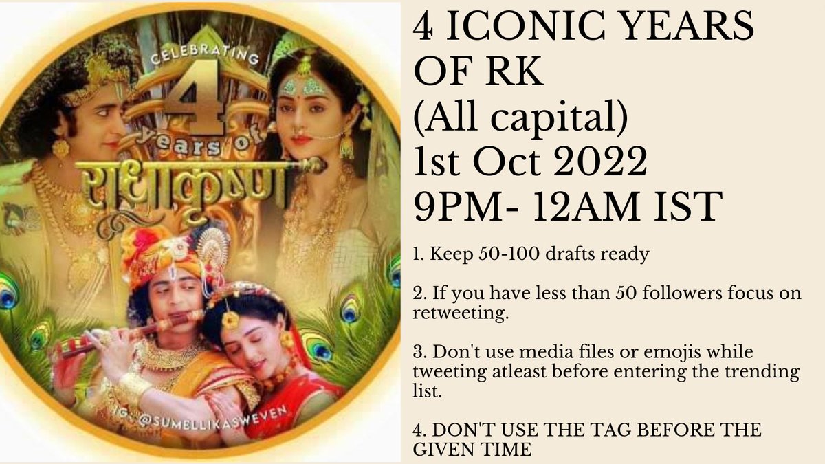Poohyash3's tweet photo. Hey guys here's the trend poster for 1st October 2022.Details are provided below.We invite all of you to come &amp; participate in this trend &amp; make it a successful 1
Hoping to see you all on 1st of October #RadhaKrishn
@Beatking_Sumedh @iammallikasingh @initinmgupta @utkarshnaithani https://t.co/70UimKnSlE