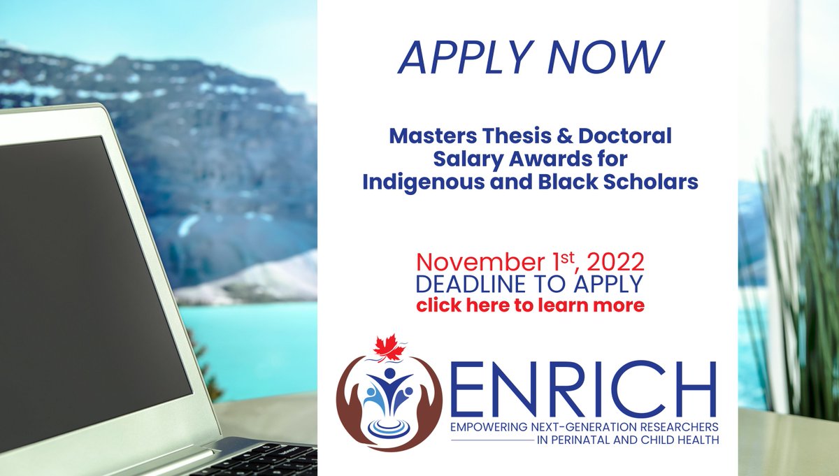 Calling all Black or Indigenous Doctoral or Masters (thesis based) students, conducting research in perinatal and child health &amp; well-being. We have a salary award waiting for you! Click on the following link to learn more and apply: enrichyourscience.ca/enrichment-pro…