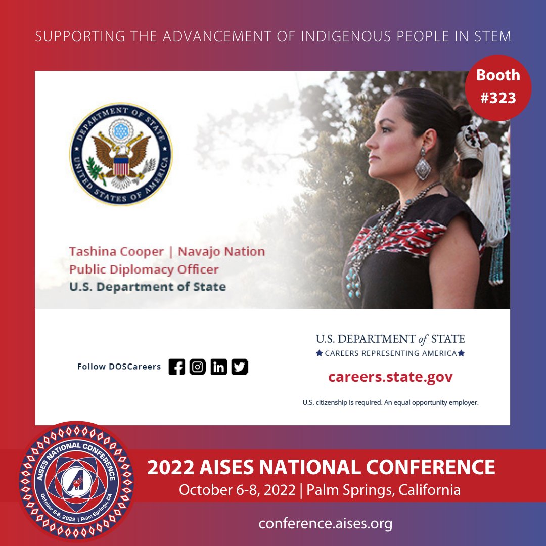 AISES's tweet image. Thank you to the @doscareers for joining us as a Coral Sponsor for #AISESNC22! Careers Representing America — Learn more at careers.state.gov or visit Booth #323 at the College and Career Fair!

#SponsorAppreciation #SupportingSTEM #NativesInSTEM