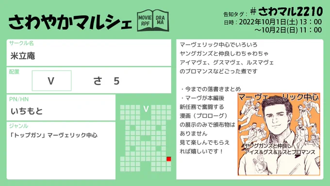 展示で参加です、よろしくお願いします
今までの落書き&新規マーヴェリック中心ブロマンス漫画予定
マ中心でヤングガンズわちゃわちゃ、アイマヴェ、グスマヴェ、ルスマヴェのブロマンスなどごった煮です
#さわマル2210 