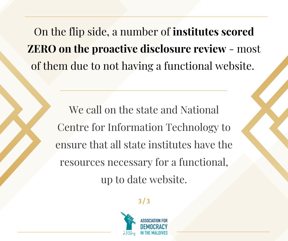 AssocDemocracy's tweet photo. The institutes that scored the highest in our #RTI37 proactive disclosure review have all developed a section dedicated to proactive disclosure on their websites & more institutes are following suit! Congratulations to @ElectionsMv, @TaxTribunalMv, @ICOMmv & @PensionOffice! 1/2 https://t.co/kHBV1Q4DFb