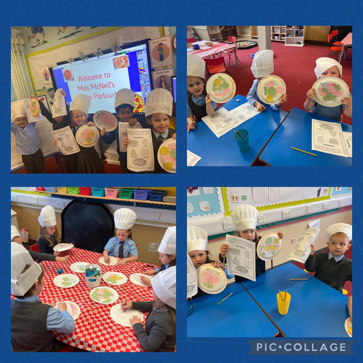 OxgangPs's tweet photo. Welcome to primary 1’s pizza parlour! Today we became pizza chefs and made our very own 2D shape pizzas. We even made an ingredient list to let the customers know the amount of different shapes on the pizza. 🍕 👩‍🍳 @edcnumeracy @mathsweekscot #MathsWeekScot https://t.co/0S8DjMtH9i