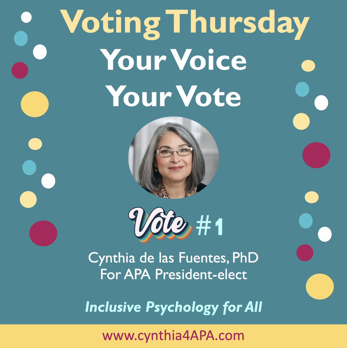 Cynthia4APA's tweet photo. #VotingThursday
🟡I want all #psychologists and #psychology students to feel that @APA is a welcoming professional home.
🟡Together, we’ll create and support initiatives that engender belonging and inclusion within APA.
🟡Vote #Cynthia4APA #1 learn more at https://t.co/hNau8phNdE https://t.co/eYhOL1IhG0