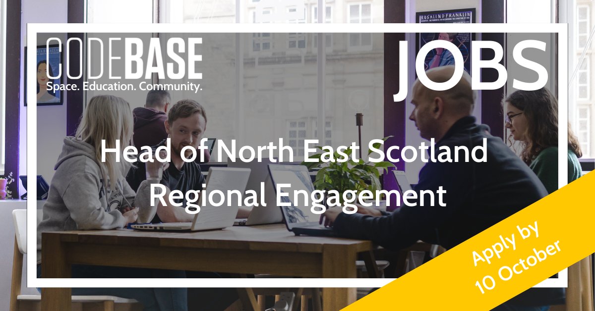 CodeBaseAbrdn's tweet image. We're hiring! ๐ข
We're looking for a Head of North East Scotland Regional Engagement to be based at @ONETechHub ๐
You'll work with key partners to develop and grow engagement and build relationships throughout the tech ecosystem โจ
Apply by 10 Oct: thisiscodebase.com/jobs-1/head-ofโฆ