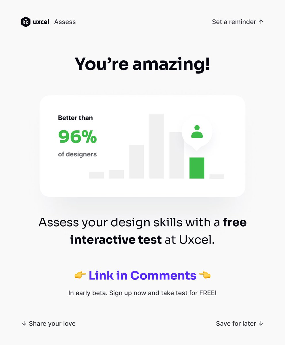 uxcelapp's tweet photo. Check your design skills๐
โขโฃโฃ
โข
Uxcel โ The ultimate design profile ๐ฆ
#uxlaws #uiuxzone #uxtips #designinspiration #uxwritingtips #uxtools #uxdesigners #uxresearchmethods #learnuiux #uxigers #uibucket #uiuxsupply #userinterviews #uxblogs #uxresearcher #designtrends https://t.co/Yerb7XSD69