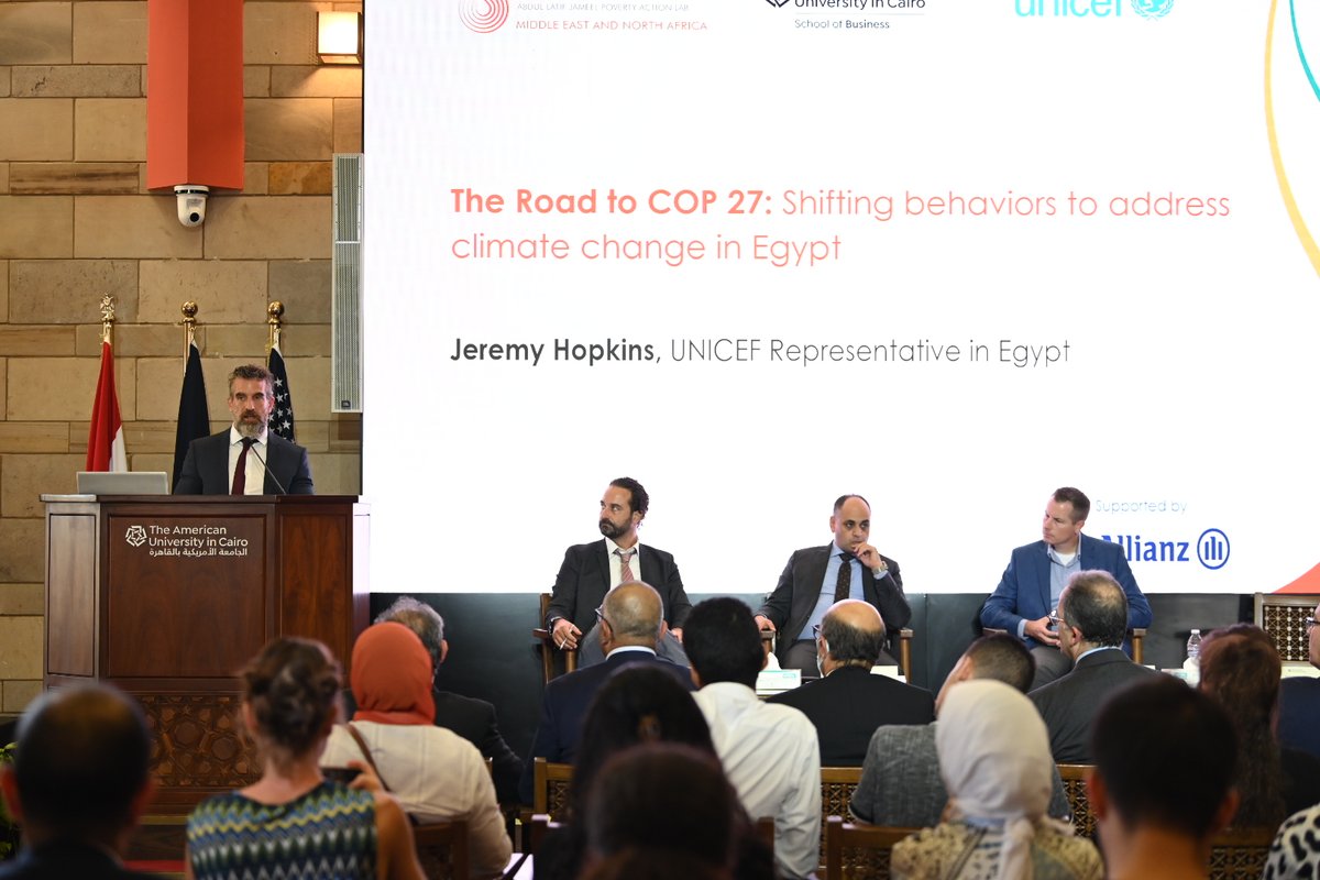 JeremyUNICEF's tweet photo. A fruitful panel discussion with @UNenvoyMM, Dr. Ali Abo Sena, @KyleEmerick5, @AlisonFahey8 &amp; @PeteRagno on the effects of #climatechange during @UNICEF_Egypt &amp; @JPAL_MENA seminar, "The Road to #COP27 in Egypt", supported by @Allianz. Seminar brief: https://t.co/qt7OOK2cbD https://t.co/x4eAqtNzwm