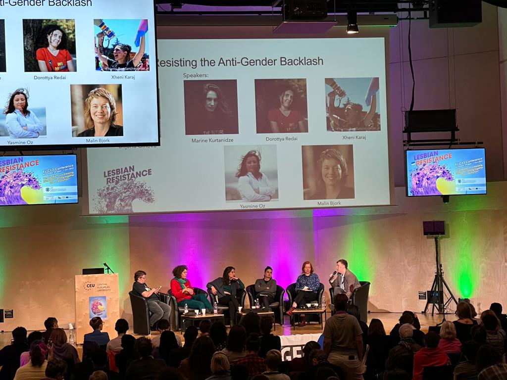 Xheni_Karaj's tweet photo. It was such an honour to be part of the @EuroLesbianCon  pannel on Resisting the Anti Gender-Backlash. With my sisters,  lesbian geniuses from #turkey #hungary #georgia #sweeden #northmacedonia @MalinBjork_EU @bginova https://t.co/7Nh2JbFTz4