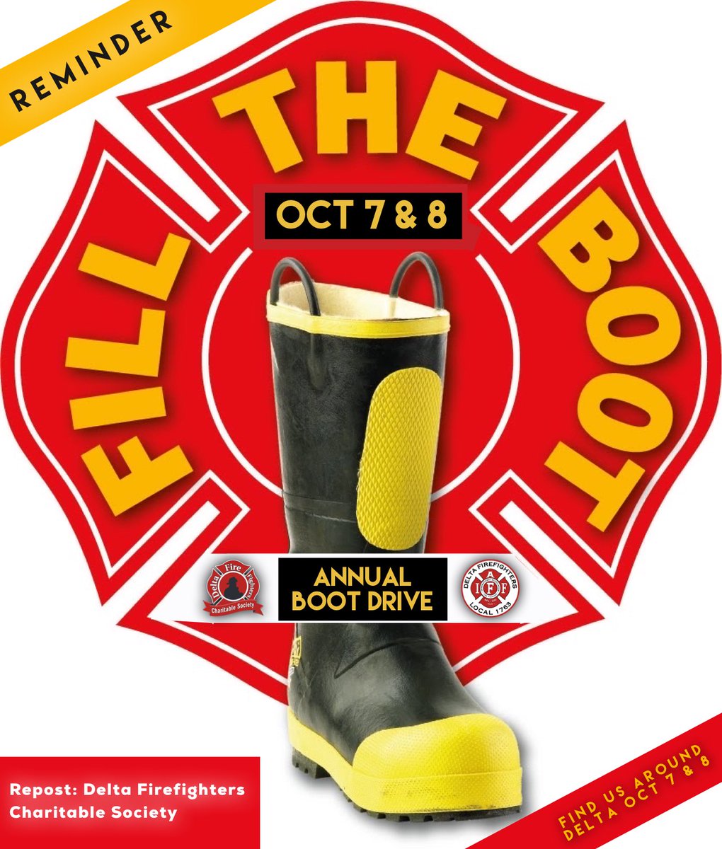 DFF1763's tweet image. October 7th and 8th you will find your Delta Firefighters, around Delta, for our Annual Boot Drive. 

Proceeds support a variety of charitable causes and we greatly appreciate your support!

#deltabc #charity