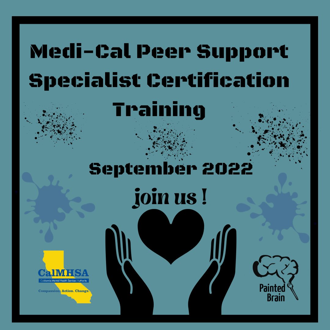 ThePaintedBrain's tweet image. Medi-Cal Peer Support Specialist Certification Training begins soon!
Qualifying individuals can take our training for FREE.  
Space is limited.
Sign up here &amp;gt;&amp;gt;  

paintedbrain.org/peer-support-s… 

#PeerCertification #PeerSupport #CalMHSA
#BehavioralHealth #MentalHealth
#PeerTraining
