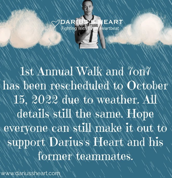 DariussHeart's tweet photo. Rain date for the 1st annual walk and 7on7 is October 15, 2022. #chdawareness #heartwalk2022 #dariussheart #dariusminor https://t.co/TVtQGk1NsY