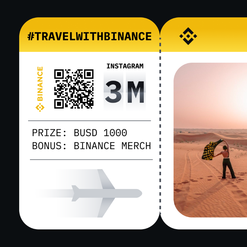 binance's tweet photo. #Binance hits 3M followers on Instagram!
 
To celebrate, we're giving away a total of 1,000 #BUSD and 3 items of your favorite Binance merch.
 
To enter:
🔸 Retweet &amp; follow @binance
🔸 Post a travel-themed picture with a Binance element using #TravelWithBinance