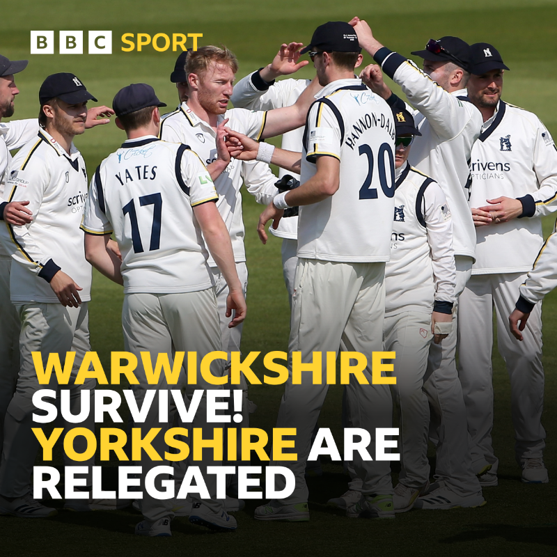 bbctms's tweet photo. INCREDIBLE!!!

Liam Norwell pins Mohammad Abbas lbw and WARWICKSHIRE SURVIVE!

Norwell takes 9-62- and 13 in the match as they beat Hampshire by five runs to relegate Yorkshire!

📻💻📱 Reaction on @BBCSounds, @5liveSport extra and the @BBCSport website and app

#BBCCricket