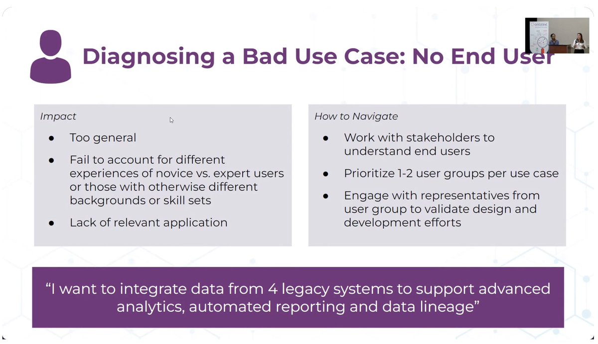 ontotext's tweet photo. Lulit Tesfaye & Sara Nash from @EKConsulting sharing experience & insights from navigating out of bad #knowlegegraph bad use cases. #KGF22 https://t.co/fAEeWUyhft
