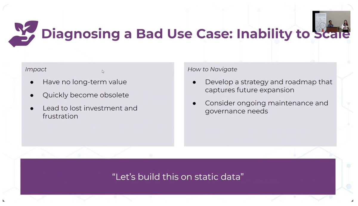 ontotext's tweet photo. Lulit Tesfaye & Sara Nash from @EKConsulting sharing experience & insights from navigating out of bad #knowlegegraph bad use cases. #KGF22 https://t.co/fAEeWUyhft