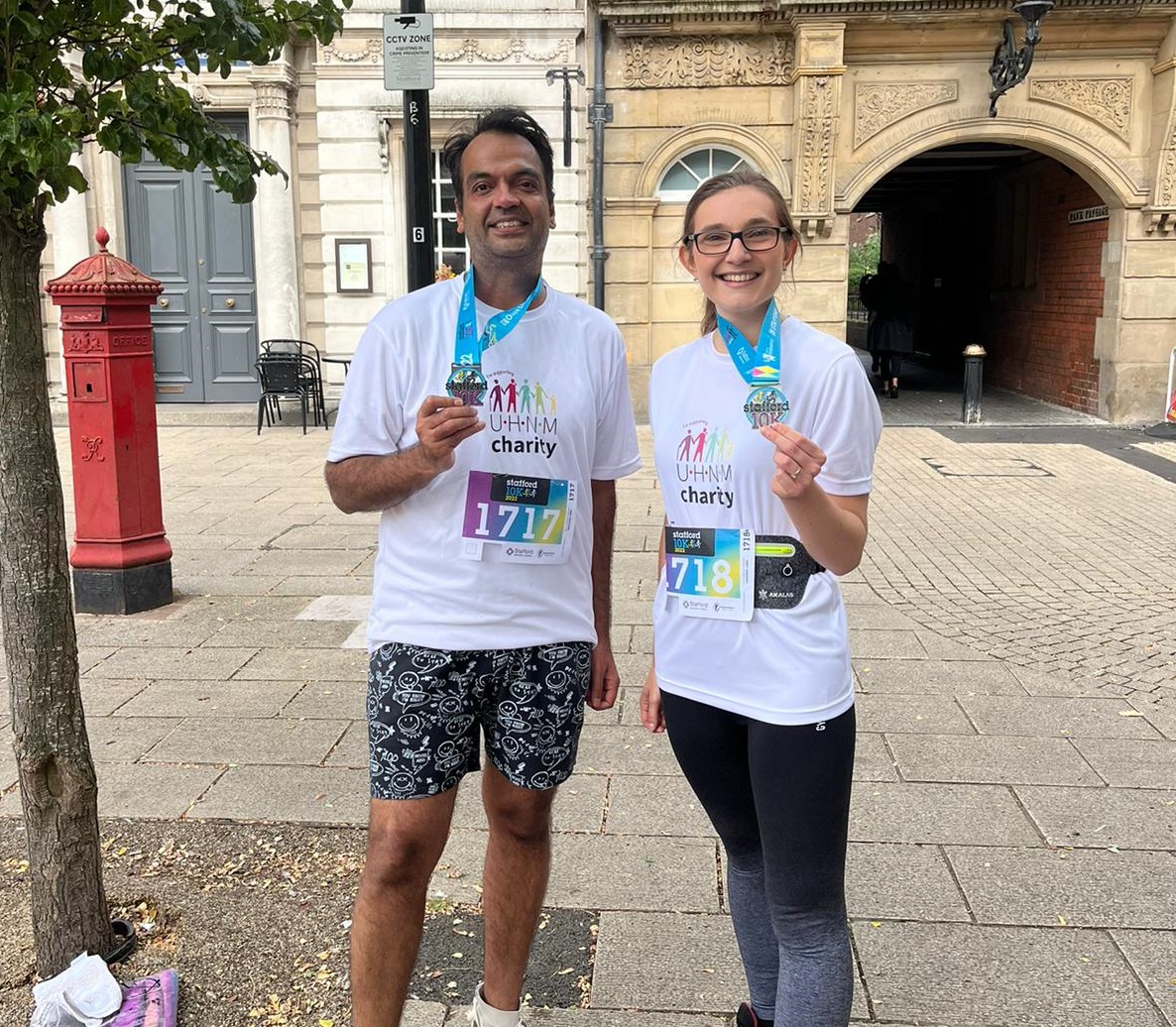 UHNMCharity's tweet photo. Say hello to our brilliant @Stafford10K finishers, UHNM Charity's own Becky Bate and Dr Vikrant Setia, Clinical Fellow in Neurosurgery! 🎖🏃‍♀️🥳

We're so proud of Becky and Dr Setia who were raising funds for @AcuteStrokeUni1 and @228Uhnm.

Fundraise too ➡️ https://t.co/FNgeYZI53Z https://t.co/WzyotyVejT