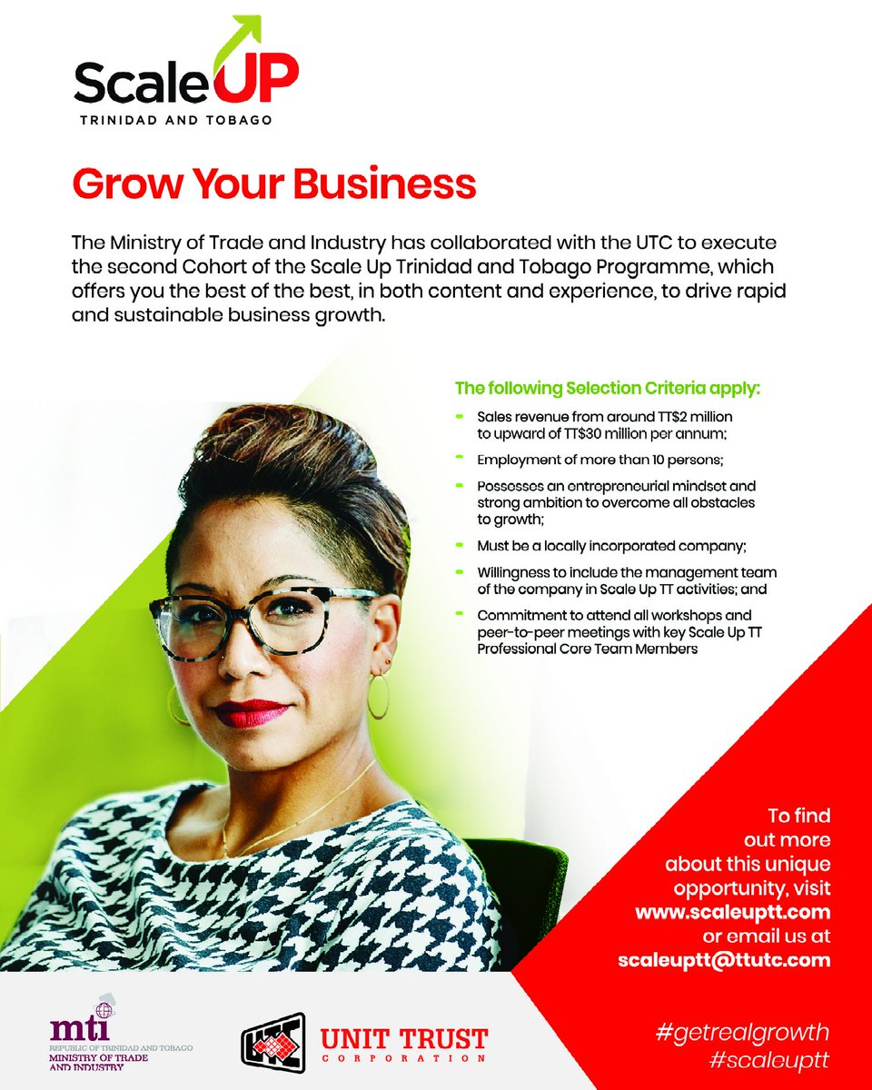 exporTT_Ltd's tweet photo. If you are passionate about growth, then Scale Up Trinidad and Tobago is the right opportunity for you!​
To learn more, visit https://t.co/ObJmlKjzr4​

A collaboration of the @TradeMinistryTT and @ttutc.
#UTC #scaleuptt #getrealgrowth https://t.co/MMgLCYoda1