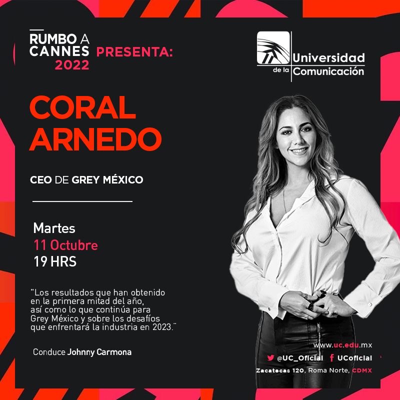 Nuestra CEO @coralarnedo estará compartiendo una charla sobre el desarrollo de Grey México durante 2022 y el futuro de la industria en 2023. La cita es el próximo 11 de octubre durante un live de @UC_oficial.