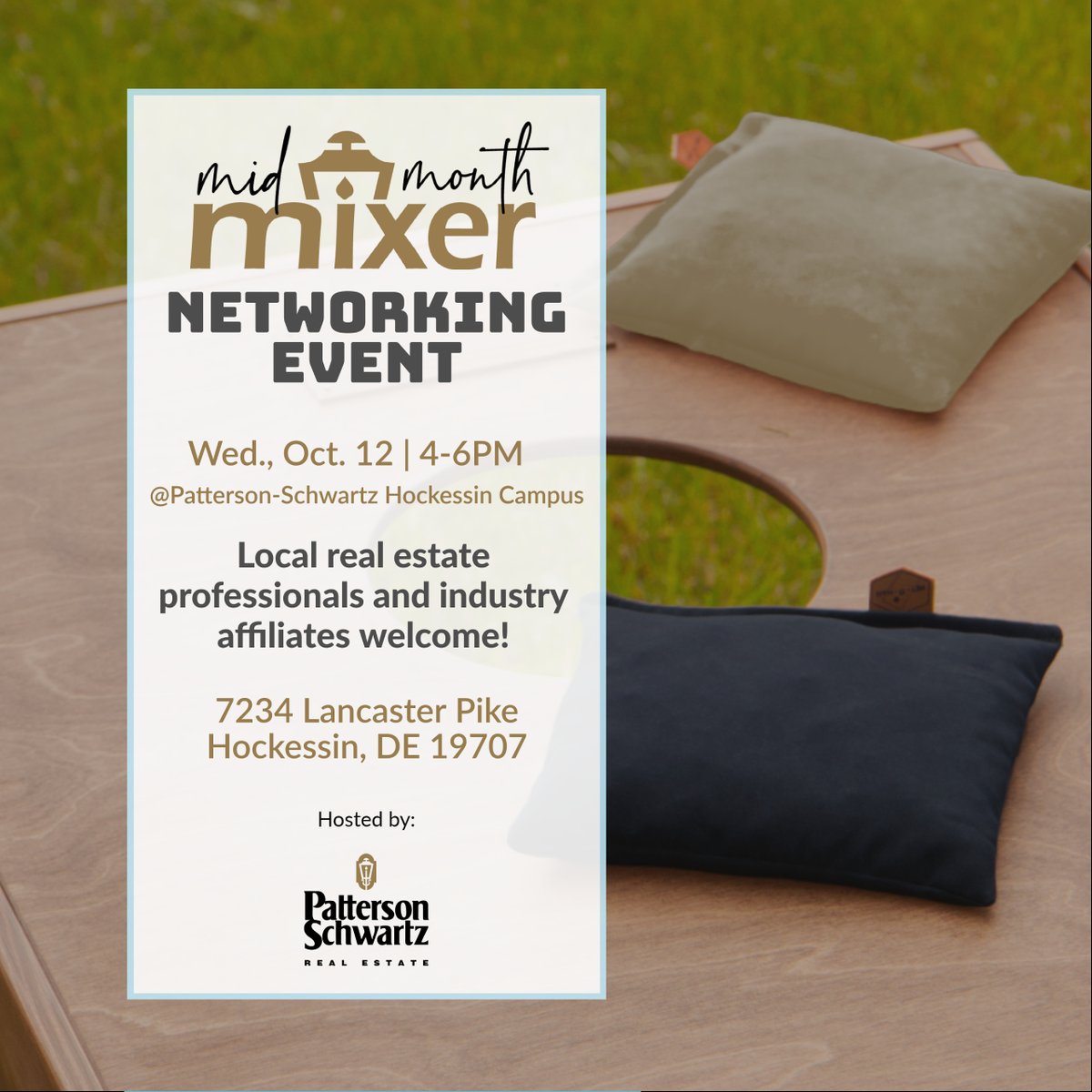 PattersonSchwar's tweet photo. Our October 12th networking event for real estate professionals &amp; industry affiliates will feature refreshments, live music, and some friendly cornhole competition outside at our Hockessin Office Park.
Click this link for more details: https://t.co/wxxR0wBOs1 https://t.co/2DI8ZJYg0B