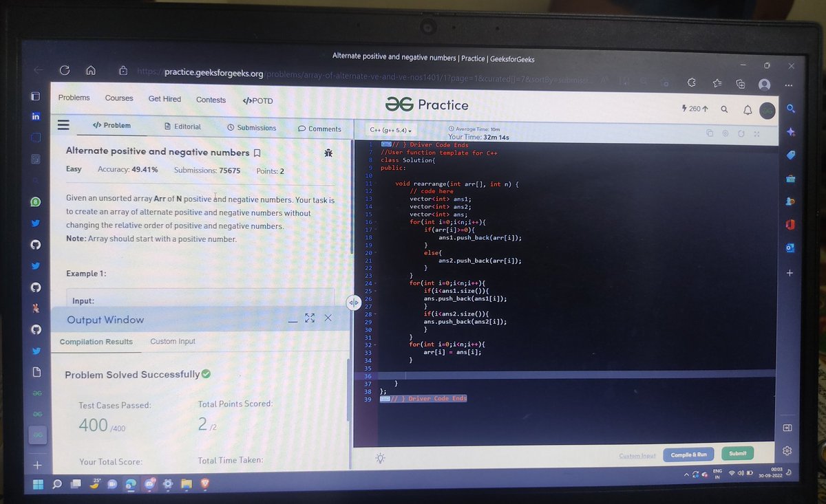 roy2pushkar's tweet photo. #Day92 of 100 Days of Code by
@CodeinCommunity
and
@MinutesCoding
Question Solve: Alternate positive and negative number
Link:- https://t.co/FVyhfCcSLi
Discord:- https://t.co/7G195aCdVx…
#100daysofcodechallenge #codeincommunity #codein100daysofcode #100daysofcode #codingoood https://t.co/pPMM0zmxzJ