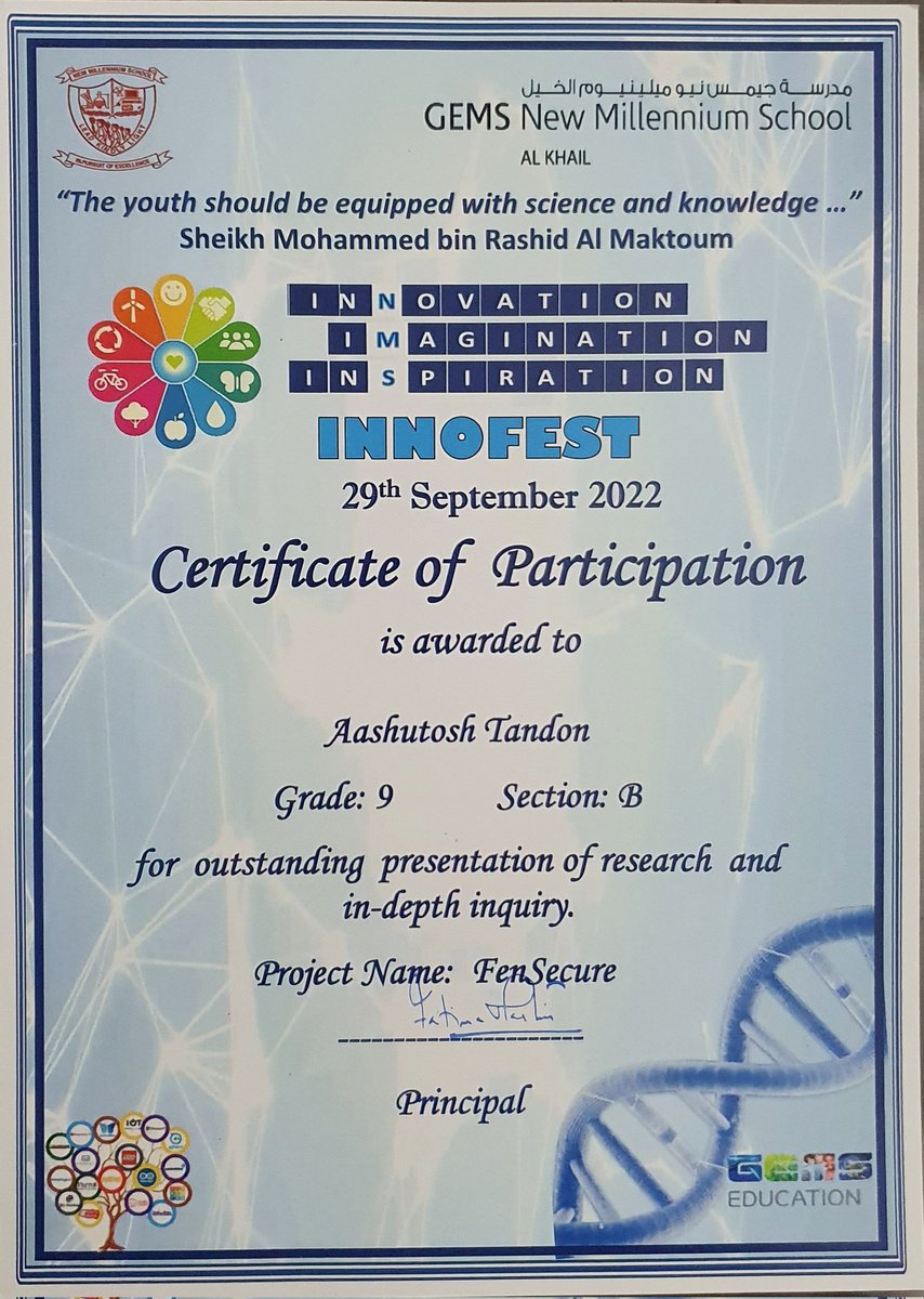 AashutoshTandon's tweet photo. Our entry in #NMSInnofest2022, 'FenSecure': a conceptual design of child safety device in a vehicle, enabled by #Artificial_Intelligence and #electromagnetic system @gemsnms_alkhail @InnovationNms @Fatima_Martin @mashanazeem1 @TeresaRusten @priyankaprince_ https://t.co/zCz7h833Wq