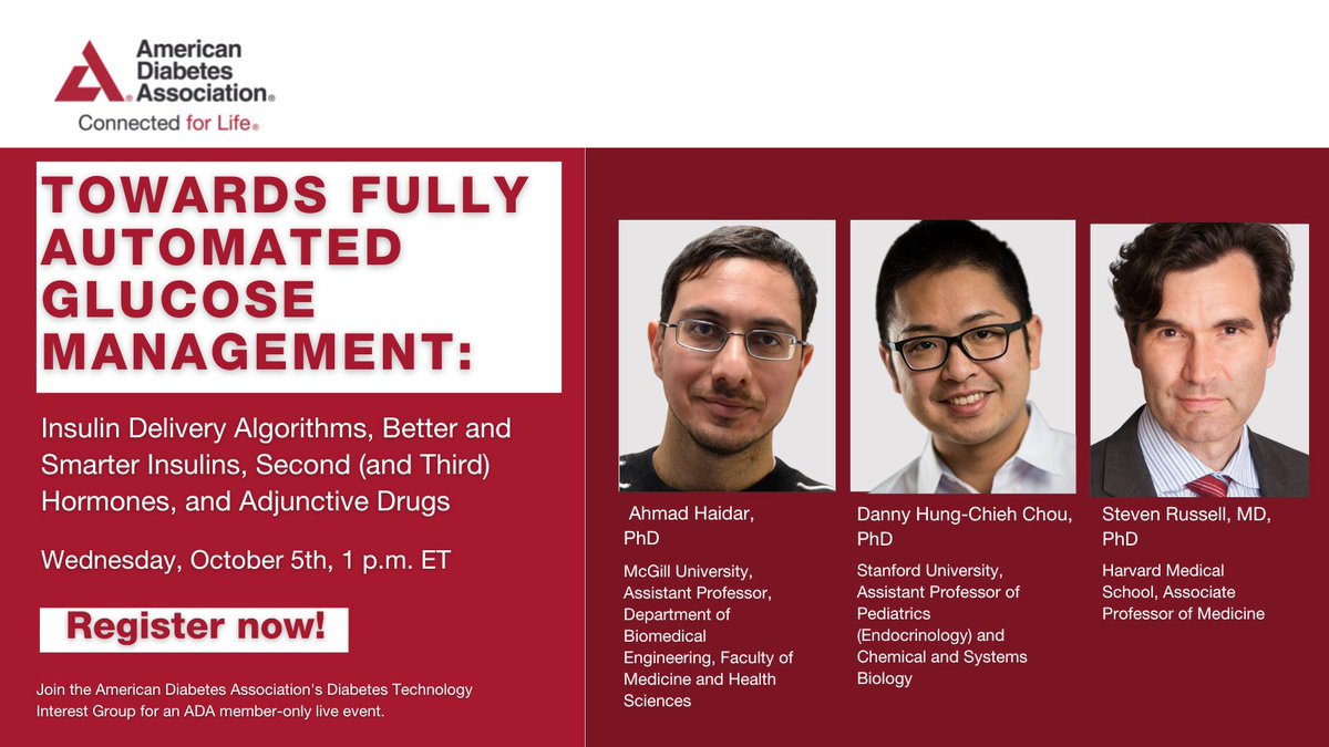 ADA_DiabetesPro's tweet photo. Join the American Diabetes Association's Diabetes Technology Interest Group for an ADA member-only live event on October 5th at 1pm ET. The webinar will discuss the limits of the current Automated Insulin Delivery (AID) systems and more. Register here: https://t.co/vJuwntAdFN https://t.co/RWPCw48GZ8