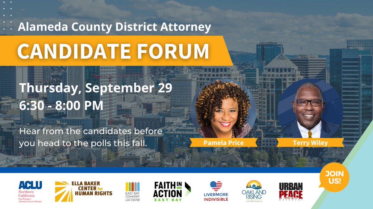 Vote4DA's tweet photo. We're about to elect a new District Attorney in Alameda County for the first time in over a decade. Join us today for a virtual forum featuring Alameda DA Candidates Pamela Price and Terry Wiley! RSVP here: 
https://t.co/JpkQwgkFF3 #Vote4DA https://t.co/3w28mMppiq