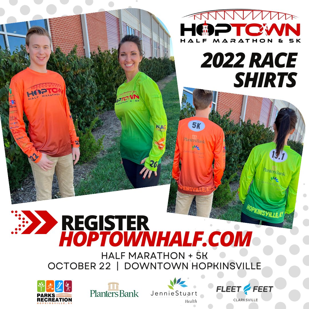 👕 We're so excited to unveil the 2022 Half Marathon + 5k race shirts! These custom long-sleeved performance shirts are dynamite! 🧨  
⏱️ Early registration discount ends tomorrow! 
hoptownhalf.com
#kentuckyhalfmarathon #raceinfo #hopkinsvilleevents #5krace #certifiedhalf