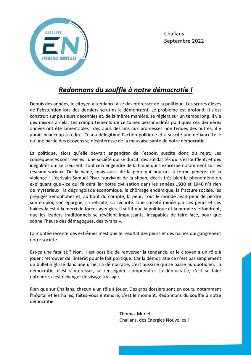 ThomasMerlet's tweet photo. 📌"La démocratie ce n’est pas simplement un bulletin glissé dans une urne. La démocratie, c’est aussi ce qui se passe au quotidien. La démocratie, c’est s’intéresser, se renseigner, comprendre."

Retrouvez ma tribune 👇"Redonnons du souffle à notre #démocratie !" https://t.co/vTKrqRMnNa