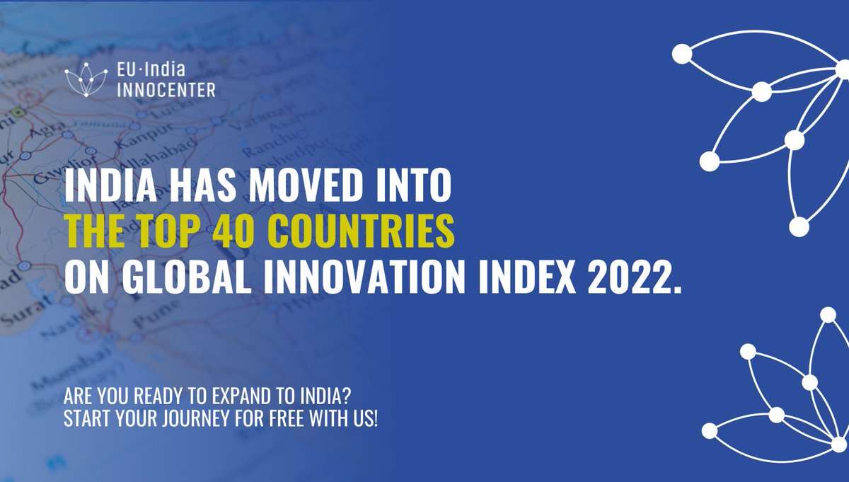 EUI_Innocenter's tweet photo. The Global Innovation Index reveals the most innovative economies in the world, ranking the #innovation performance of around 132 economies and  
India enters the top 40 for the first time in 2022.

Want to take your startup to India?
Start your journey on https://t.co/hMXL01Tk89 https://t.co/cv4tbdAlsq