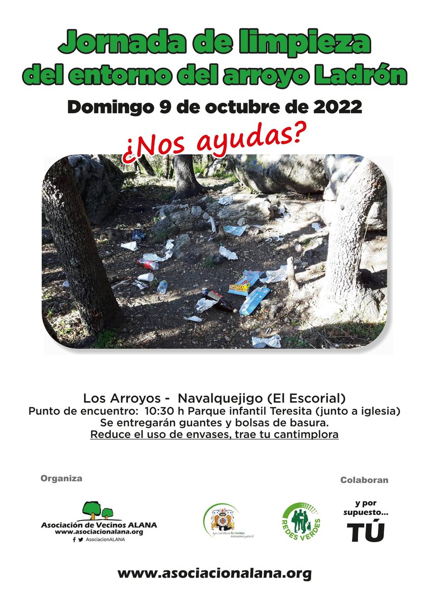 redes_verdes's tweet photo. Nueva #propuestadeproyecto: La @AsociacionALANA, entidad colaboradora de #RedesVerdes @plan_accion, realizará una #Limpieza del entorno del #ArroyoLadrón el #9octubre🙌🌍
https://t.co/jbVTRWomzM
@aytoescorial
#ProgramaGAP #ODS #Agenda2030 #ConvocatoriaMADS #Agenda2030 #ElEscorial https://t.co/GRmvrb6RpM