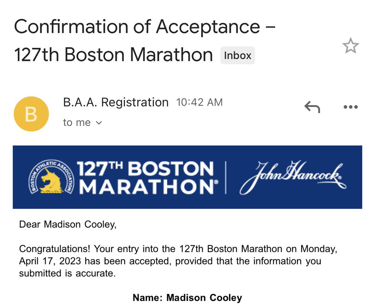 Madison Cooley (@madisoncooley9) on Twitter photo Officially running the <a href="/bostonmarathon/">Boston Marathon</a> in April!! Feels amazing to achieve this long-term goal, and I couldn't be more excited😆 #Boston127 <a href="/BAA/">Boston Athletic Association</a> Officially running the <a href="/bostonmarathon/">Boston Marathon</a> in April!! Feels amazing to achieve this long-term goal, and I couldn't be more excited😆 #Boston127 <a href="/BAA/">Boston Athletic Association</a>