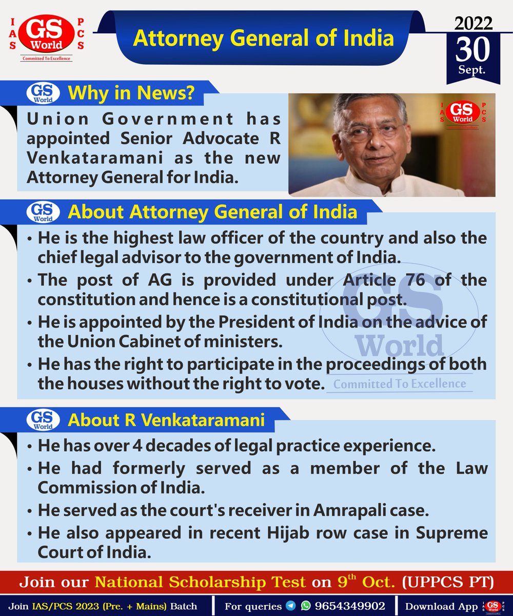 GSWORLDIAS1's tweet photo. Union Government has appointed Senior Advocate R Venkataramani as the new Attorney General for India.
#GSWORLD #IAS #UPSC #UPPCS #India#AttorneyGeneral#R_Venkataramani#Constitution #Article76 https://t.co/euiipmYkWT
