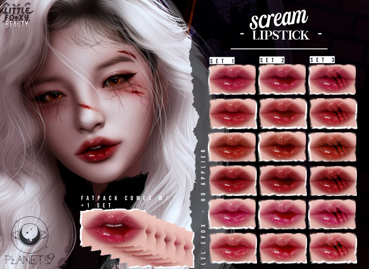 Little Foxy Beauty at Planet29 🦊:

'𝙎𝙘𝙧𝙚𝙖𝙢 𝙇𝙞𝙥𝙨𝙩𝙞𝙘𝙠'
→ It is available for Lelutka EvoX;
→ HD Applier
→ 6 Color Each Set
→ 3 Styles
+𝐅𝐚𝐭𝐩𝐚𝐜𝐤 𝐁𝐨𝐧𝐮𝐬
+try demo before buy

LM AT COMMENTS

#SecondLife #VirtualReality