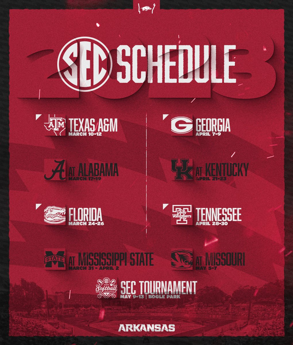 RazorbackSB's tweet photo. "Babe, wake up! The 2023 SEC Softball schedule just dropped."

🔗https://t.co/XxXMHpcxgz https://t.co/81jAr7UWkO