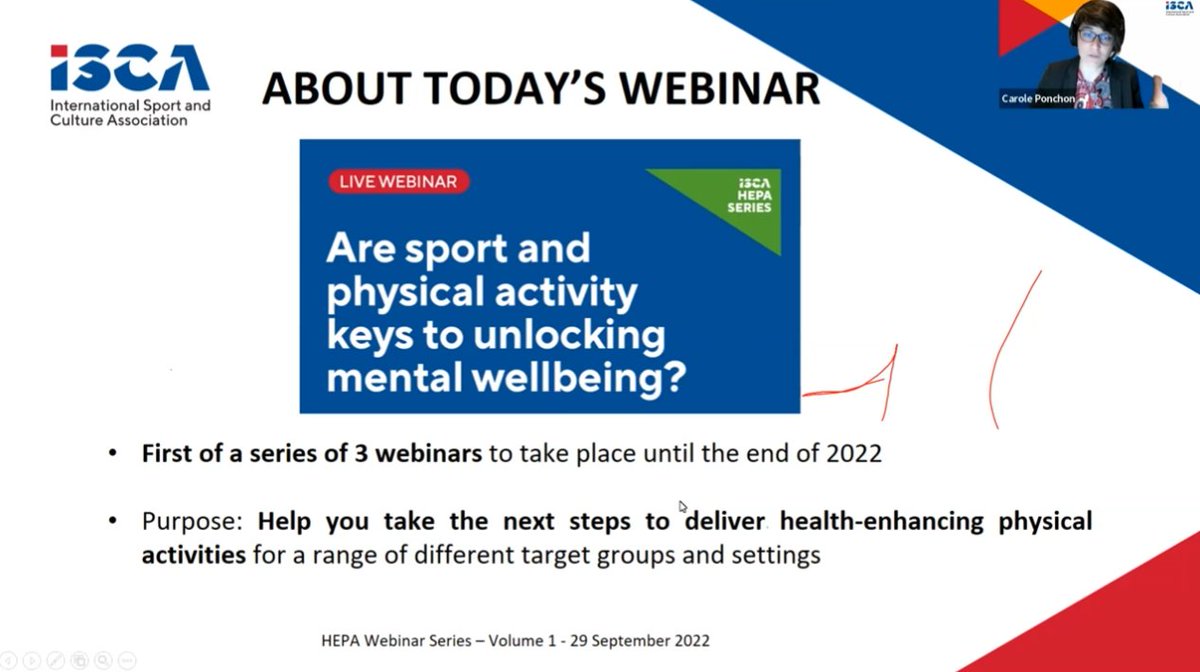CarolePonchon's tweet photo. More to come soon... But sincerely grateful I got the chance to host the first @ISCA_tweet  HEPA webinar on #MentalHealth &amp; #MentalWellBeing today.

We heard inspiring and actionable tricks with a special focus on the #ActBelongCommit framework. https://t.co/njrEBsdXqZ