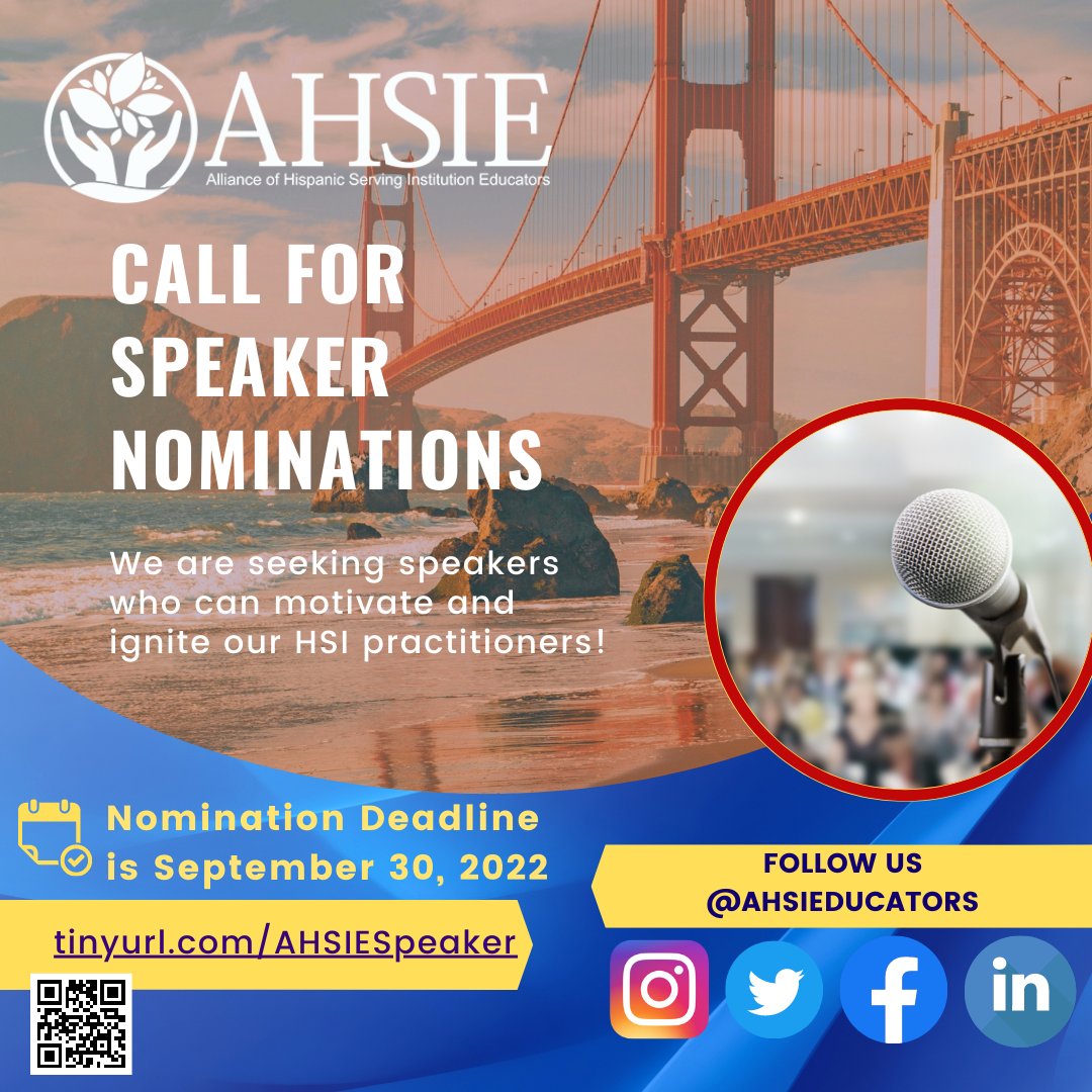 ahsieducators's tweet image. Reminder! Tomorrow is the deadline to submit your nominations for this year's conference speakers. Who would you like to learn from this year as we advance our knowledge as HSI practitioners? #ahsieeducators #ahsie #hsis