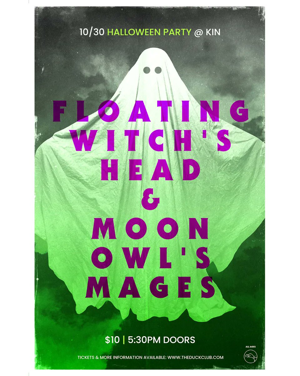 JUST ANNOUNCED 👻 Don't freak out! Floating Witch's Head + <a href="/moonowlsmages/">Moon Owl’s Mages</a> are gonna have a shredtastic co-headlining  Halloween Party at KIN on October 30th. Tickets on sale now, y'all  🎫 theduckclub.com/show/halloween…