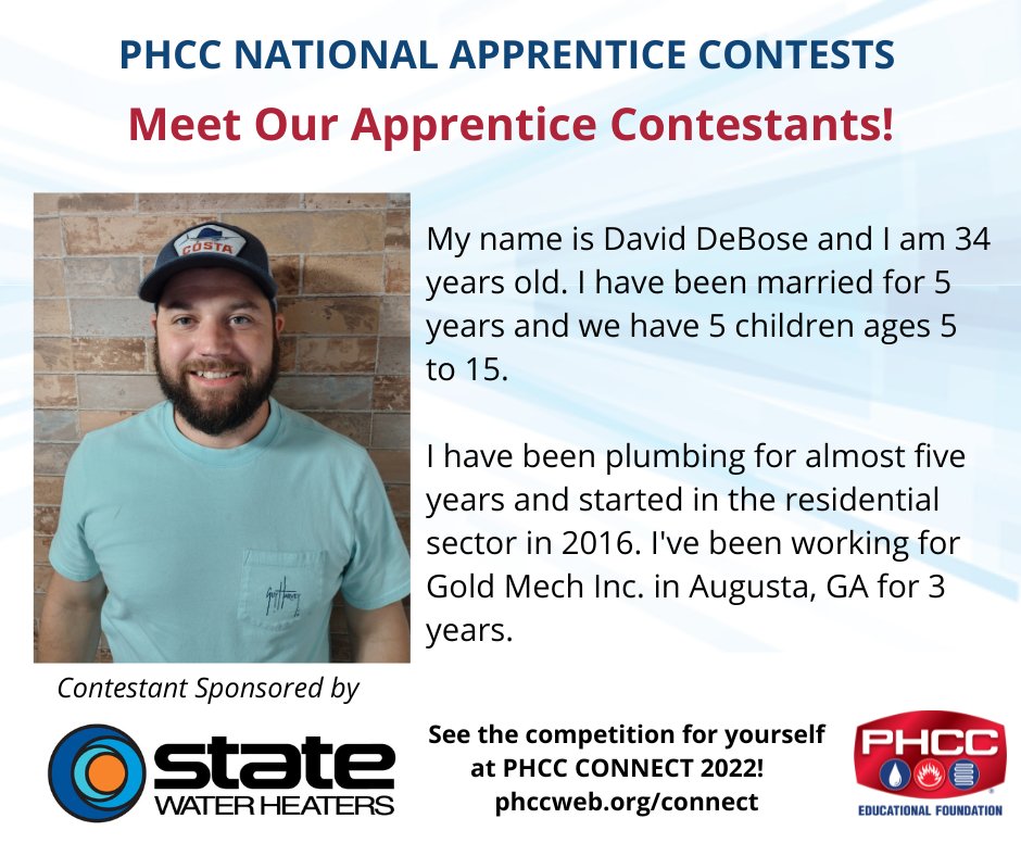 PHCCFoundation's tweet photo. Meet the Competitors
The PHCC National Apprentice Contests are coming up soon.
Here is another apprentice looking to be named the nation's best!
David DeBose - Gold Mech in Augusta, GA

Good luck to all!
https://t.co/GGmGHzwaC6
#PHCCFoundation #PHCC #PHCCCONNECT https://t.co/oR1dIHvr2T