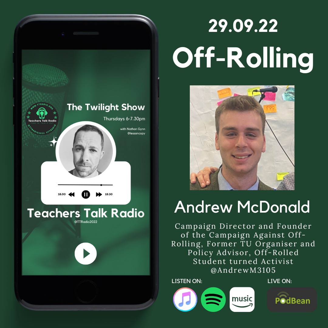 TTRadioOfficial's tweet photo. One hour until the Twilight Show with @lessoncopy!

Nathan is joined by @AndrewM3105 to discuss ‘off-rolling’ 

Tune in. Talk it Out!

#TTRadio https://t.co/DpstAJNhCH