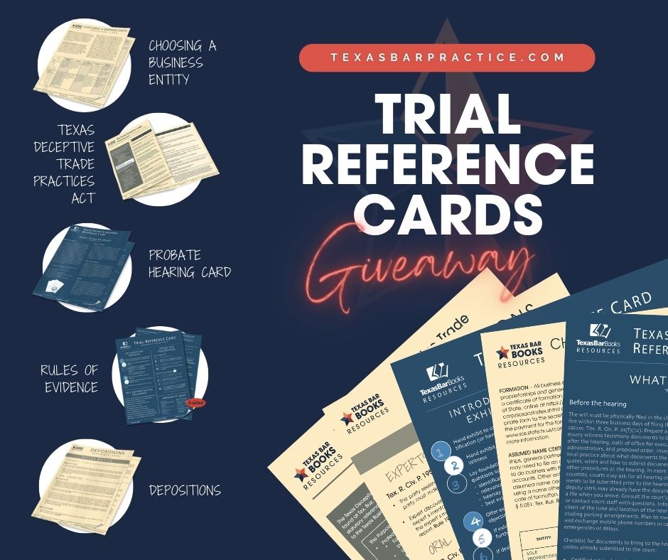 Quick Reference Card Giveaway ends tonight! Don’t miss your chance to win ALL 5 of our Quick Reference Cards. Retweet this post and tune in tomorrow. Tap the link in bio to learn more from @texasbarpractice  

#lawyerlife #texaslaw #legaleducation #lawpractice #statebaroftexas