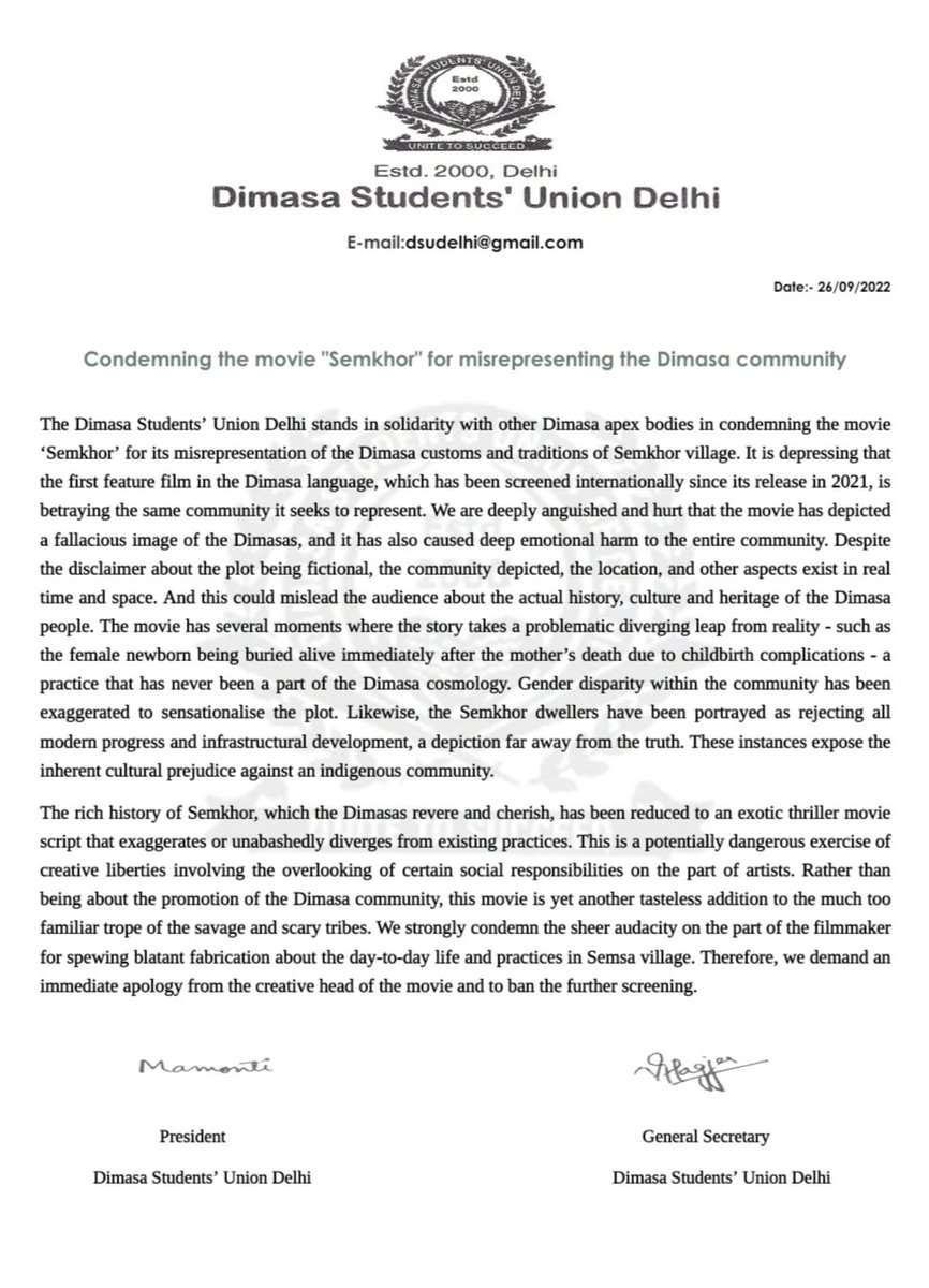delhi_dsu's tweet photo. The Dimasa Students' Union Delhi stands in solidarity with other Dimasa Apex Bodies in condemning the 2021 movie "Semkhor" directed and produced by #AimeeBaruah for misrepresenting the Dimasa custom and tradition practised in Semkhor village, Dima Hasao, Assam. 

#Semkhor #movie https://t.co/9TM8BUU1FX
